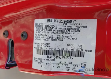 2007 Ford Focus S/Se/Ses z USA, uszkodzony, nr VIN 1FAHP34N97W353775